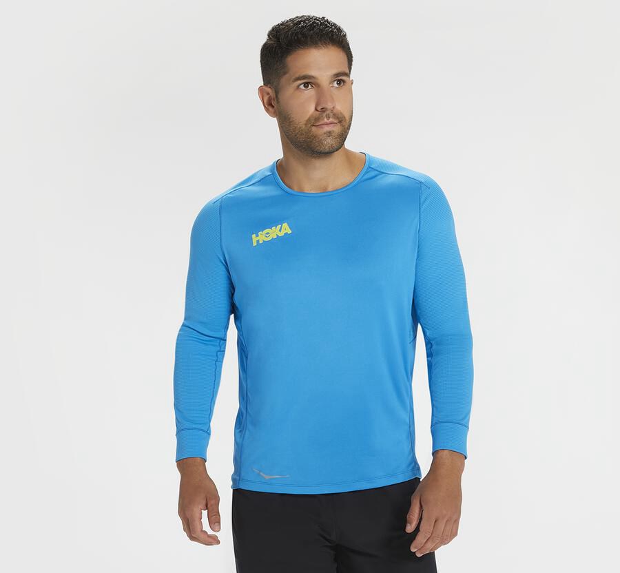 Tops Mens - Hoka One One Performance 3/4 Sleeve - Blue - JACLOMV-80